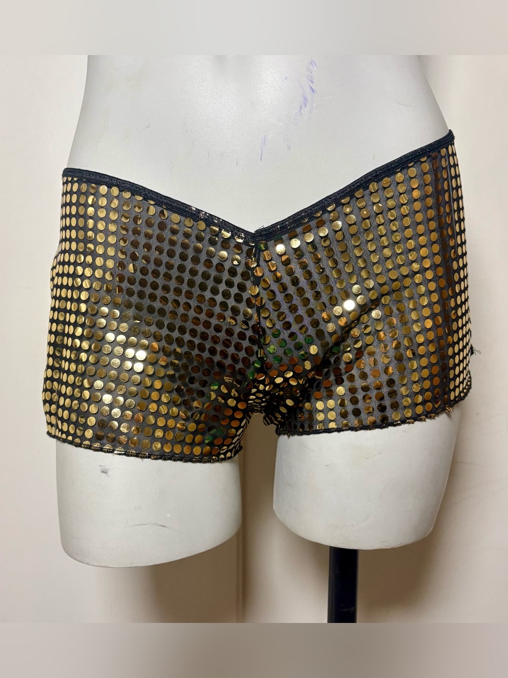 Vintage 90s Black Mesh Gold Sequin Lingerie Shorts Hot Pants